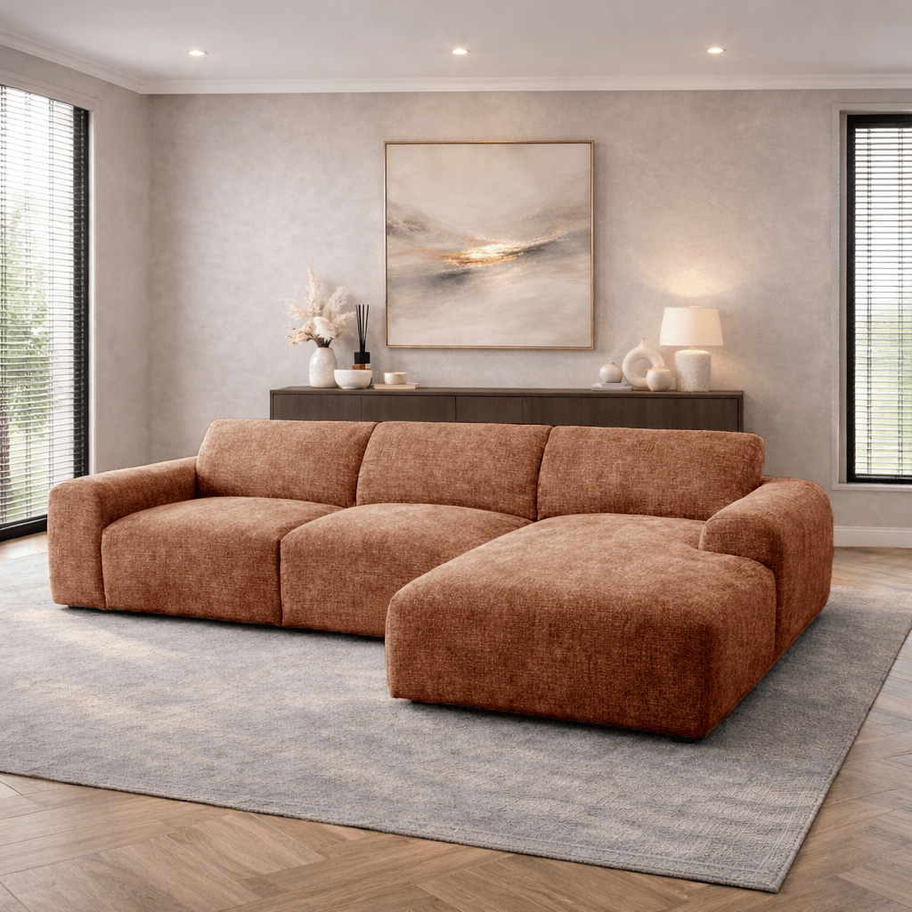 Ecksofa mit kupferfarbenem Chenille-Stoffbezug, Modell Shane - rechts