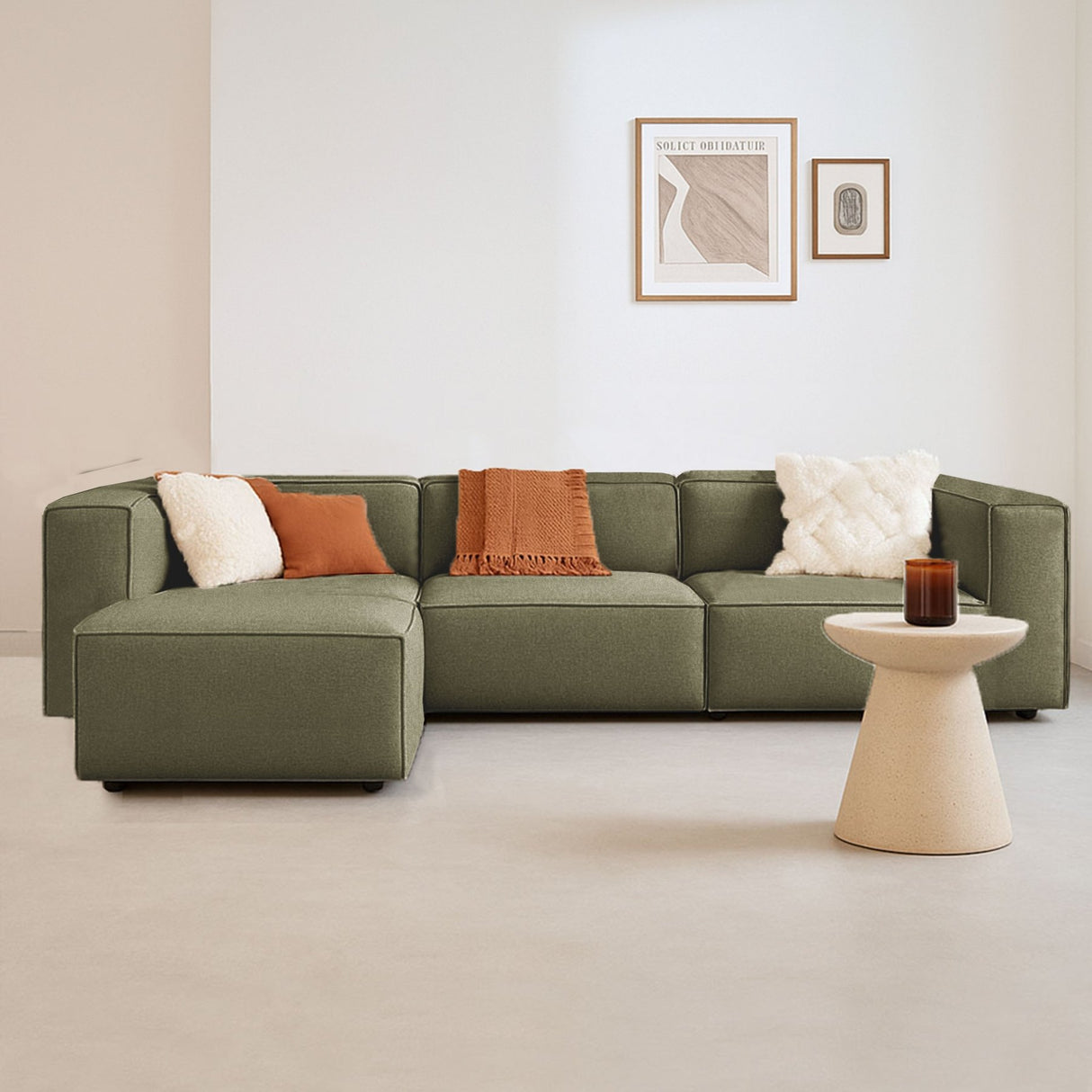 Modulares Ecksofa Fora mit separatem Hocker aus Leinenstoff – Grün