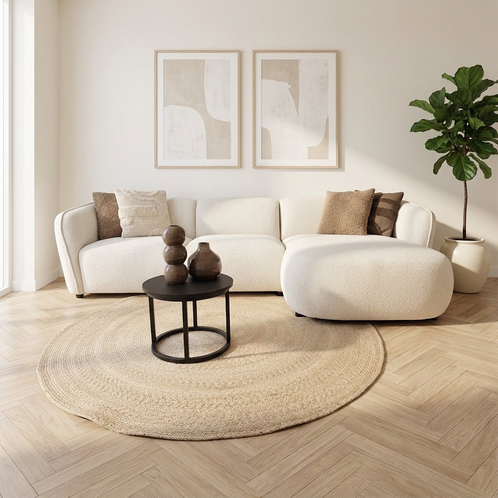 Hoekbank organische vorm crème bouclé Sophie - rechts sfeerfoto in modern interieur