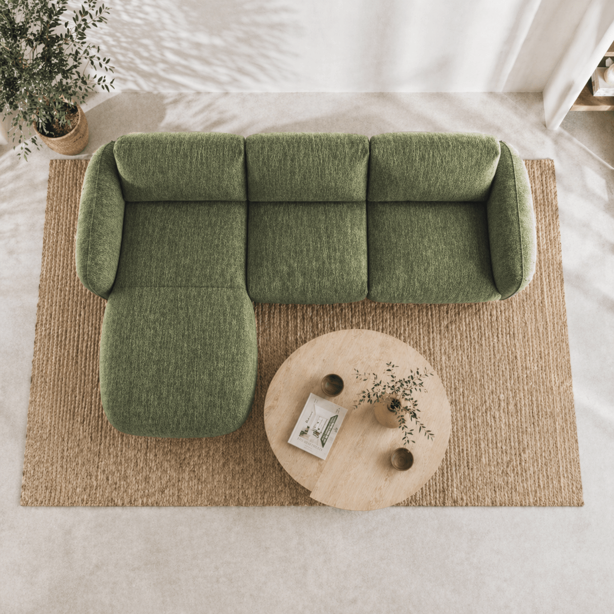 Banken - Hoekbank ronde longue olijfgroen velvet structuurstof Dwayne - links - Dimehouse