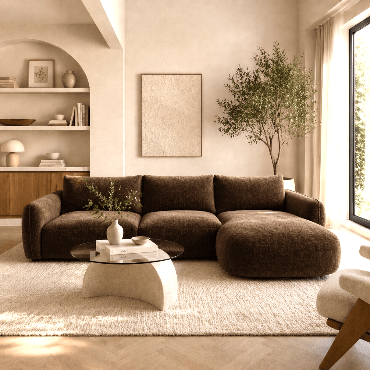Ecksofa rundes Longue aus mokkabraunem Samt mit Strukturstoff Dwayne – rechts
