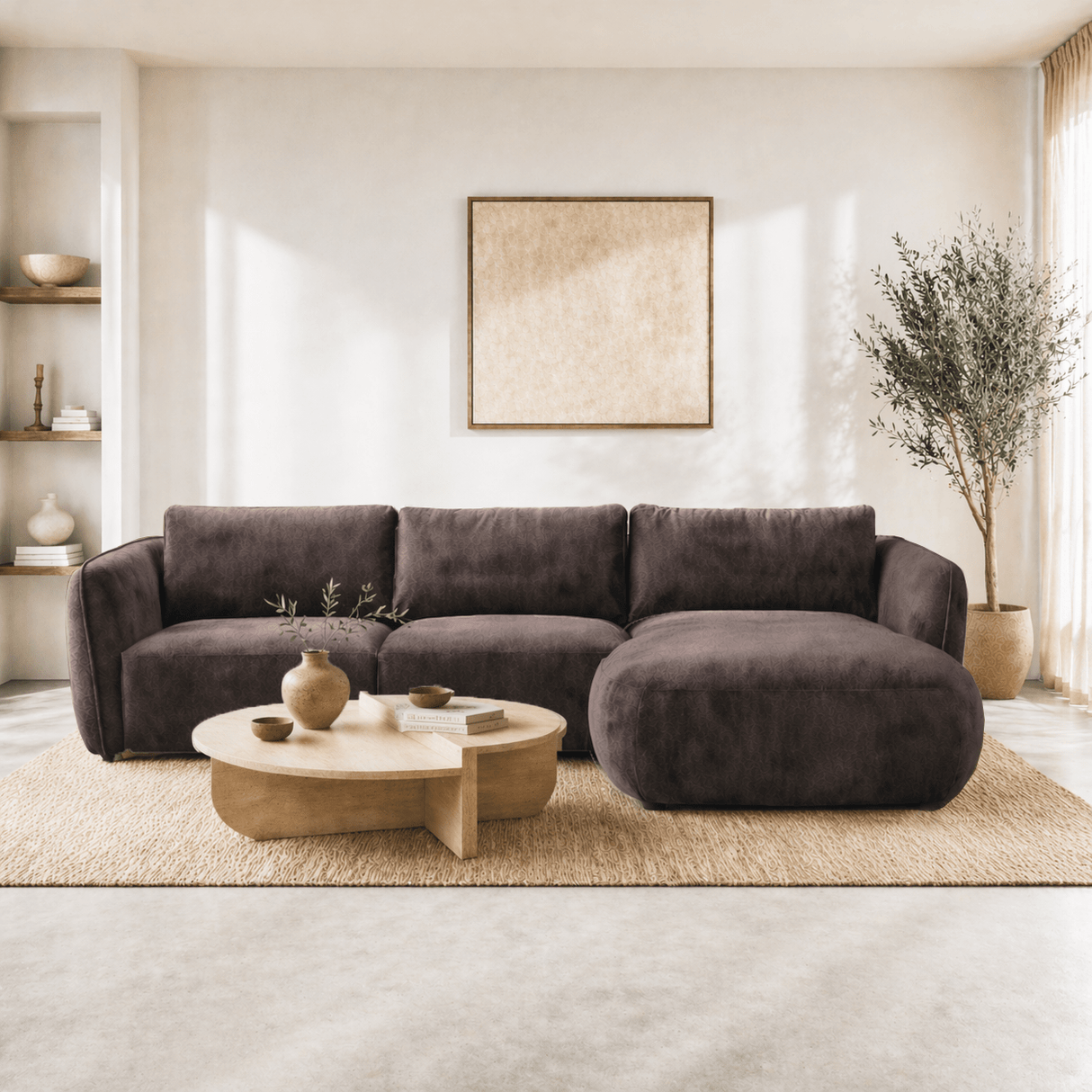 Ecksofa rundes Longue aus mokkabraunem Samt mit Strukturstoff Dwayne – rechts