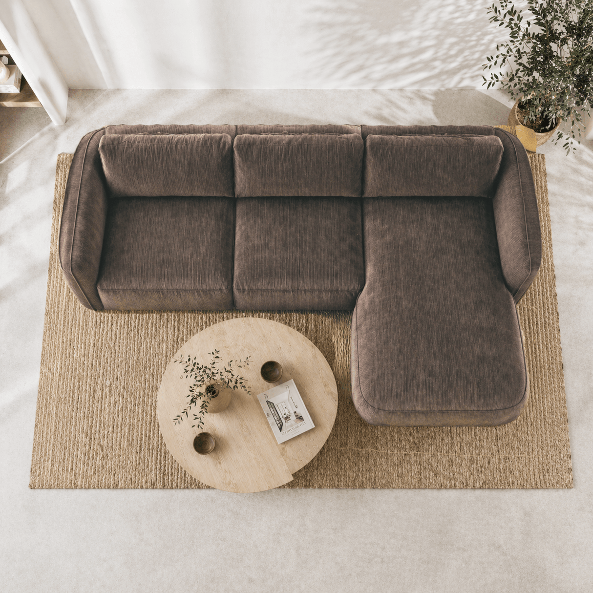 Ecksofa rundes Longue aus mokkabraunem Samt mit Strukturstoff Dwayne – rechts