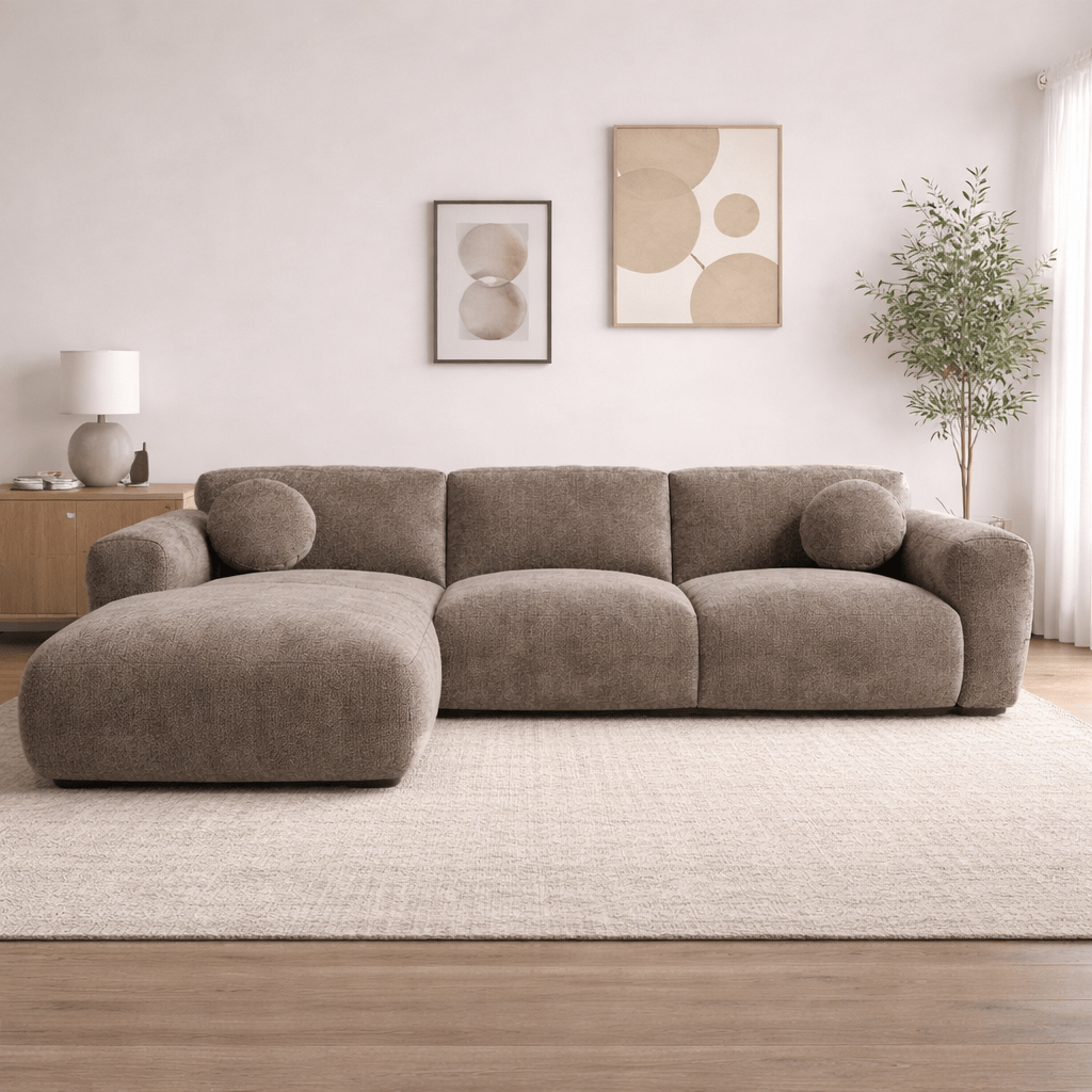 Ecksofa aus taupefarbenem Chenillestoff – 292 x 169 cm – Shane – links