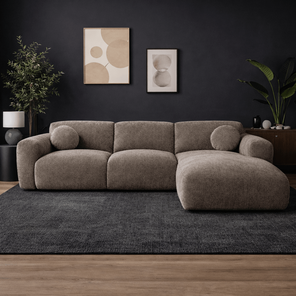 Ecksofa mit taupefarbenem Chenille-Bezug, Modell Shane - rechts