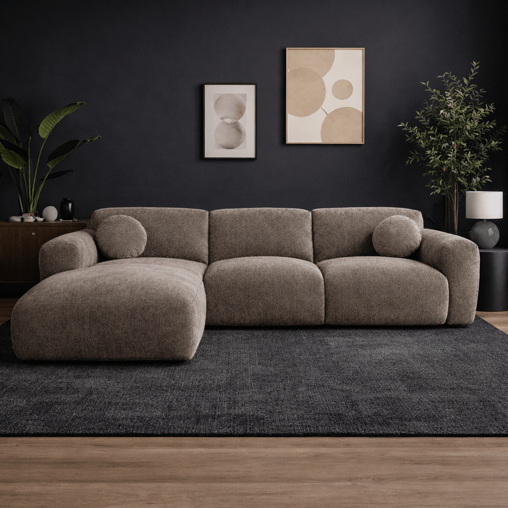 Ecksofa aus taupefarbenem Chenillestoff – 292 x 169 cm – Shane – links