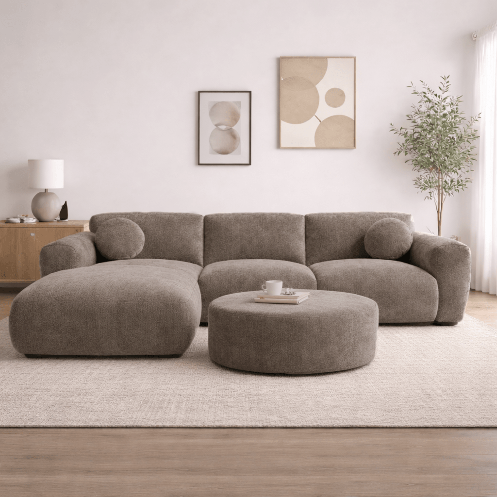 Ecksofa aus taupefarbenem Chenillestoff – 292 x 169 cm – Shane – links