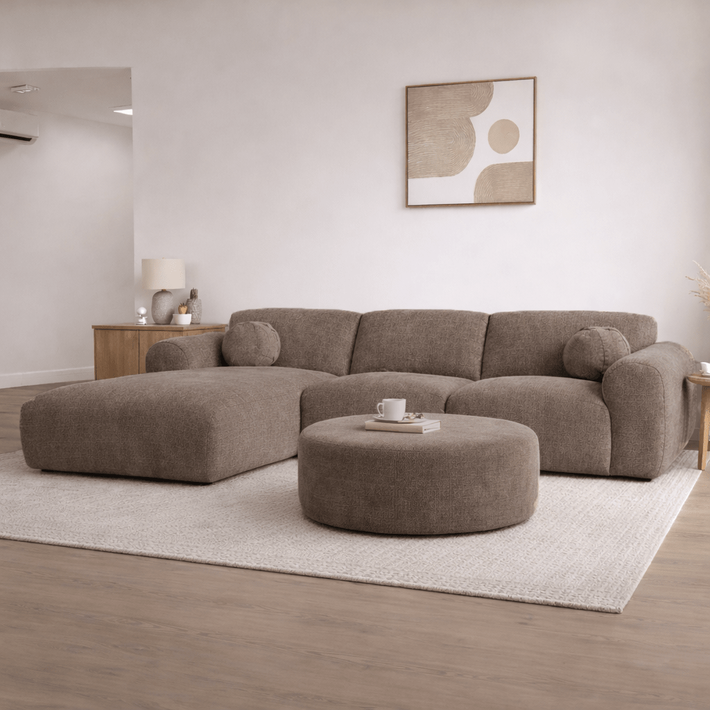 Ecksofa aus taupefarbenem Chenillestoff – 292 x 169 cm – Shane – links