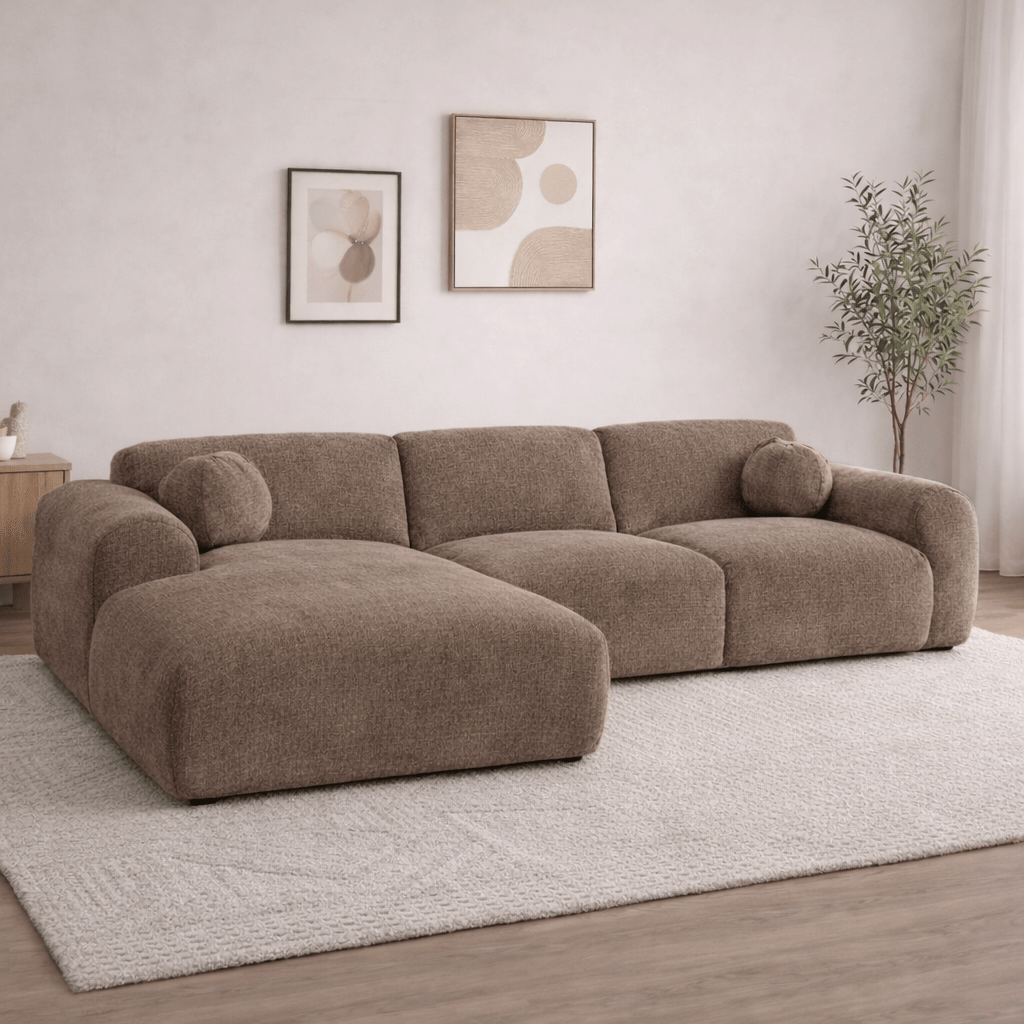 Ecksofa aus taupefarbenem Chenillestoff – 292 x 169 cm – Shane – links