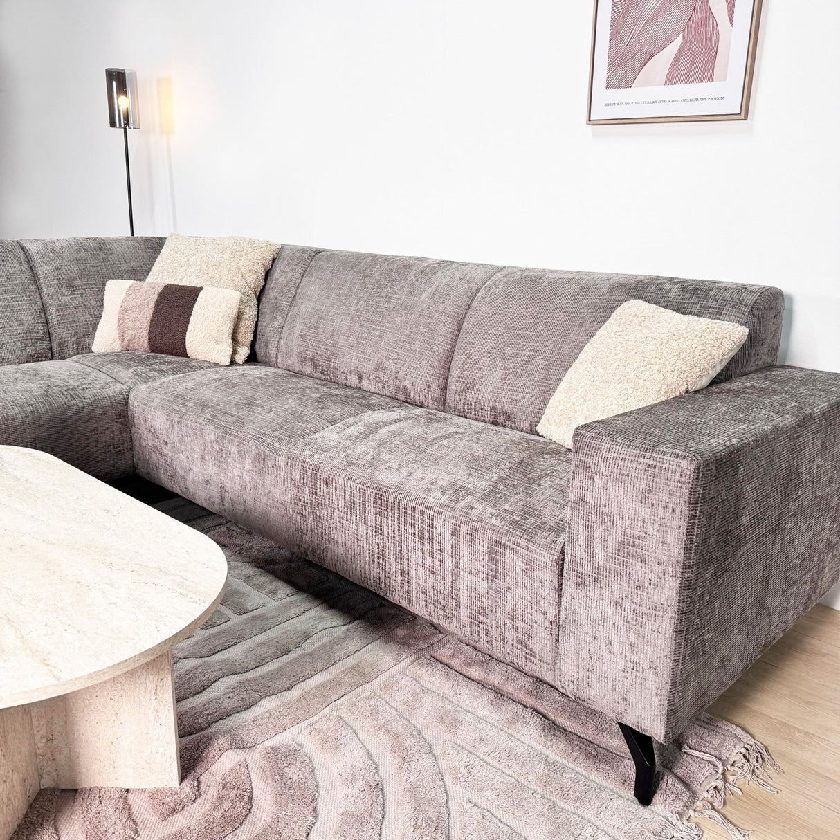 Ecksofa mit Chaiselongue in Taupe Chenille Stoff Manon - links