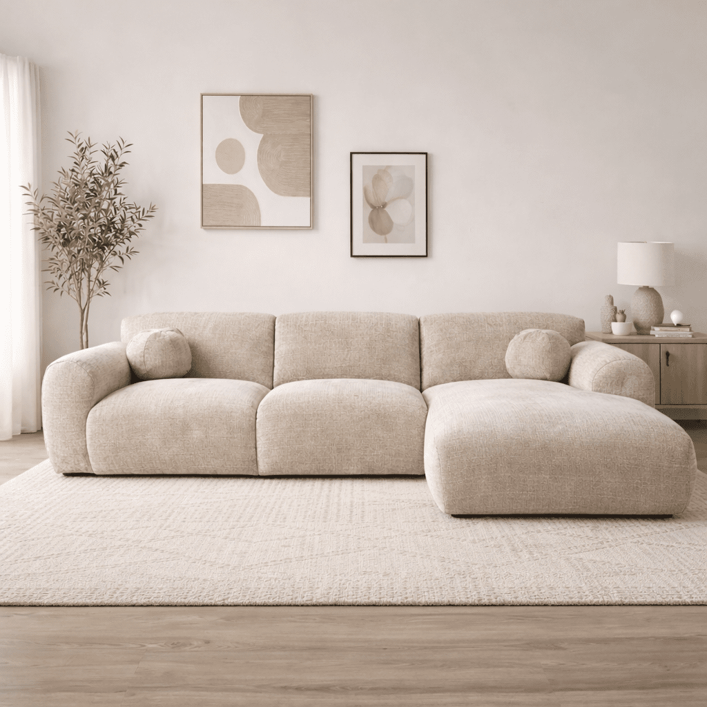 Ecksofa mit beigefarbenem Chenille-Stoffbezug, Modell Shane - rechts