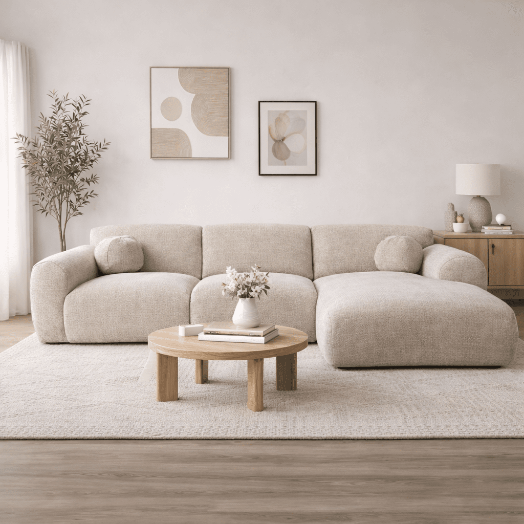 Ecksofa mit beigefarbenem Chenille-Stoffbezug, Modell Shane - rechts