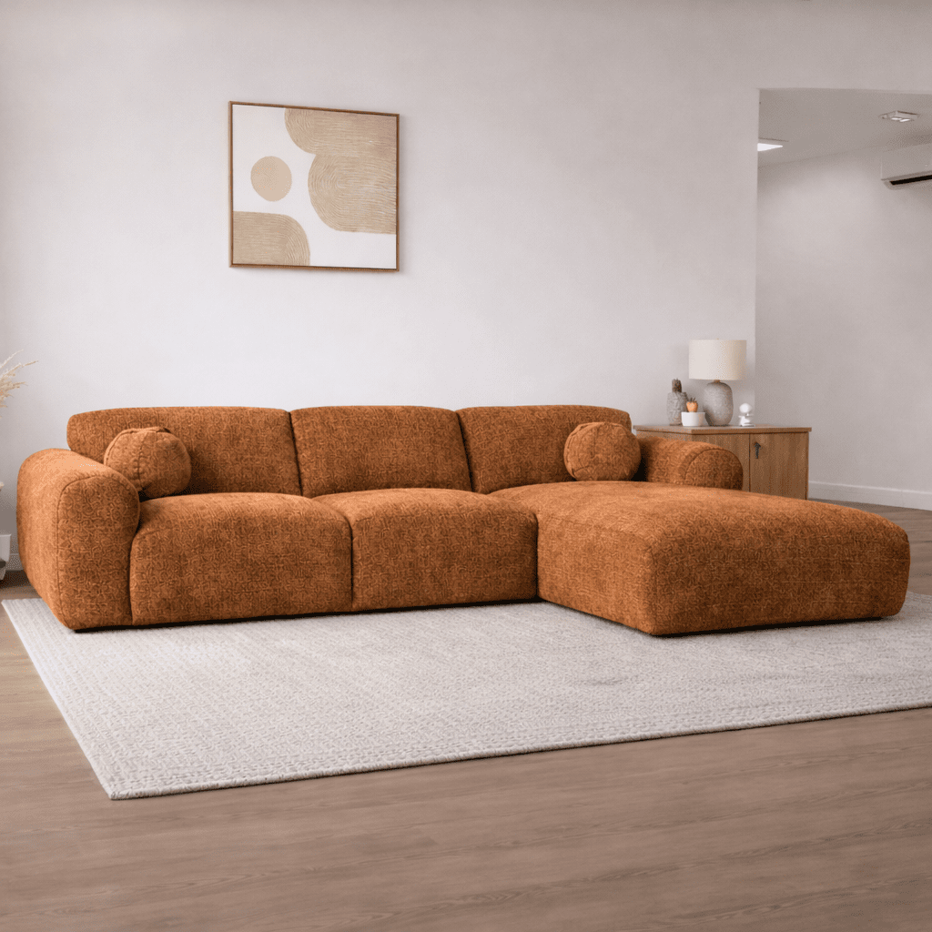 Ecksofa mit kupferfarbenem Chenille-Stoffbezug, Modell Shane - rechts