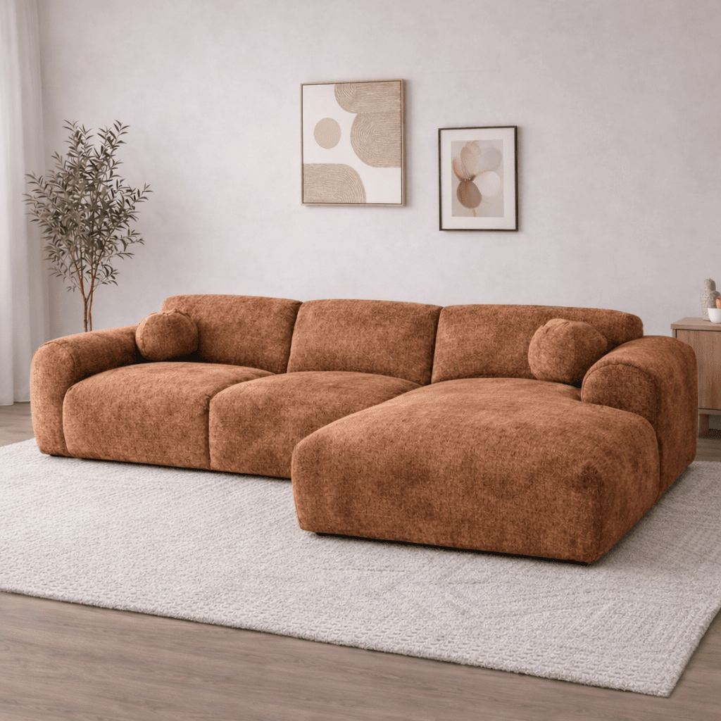 Ecksofa mit kupferfarbenem Chenille-Stoffbezug, Modell Shane - rechts
