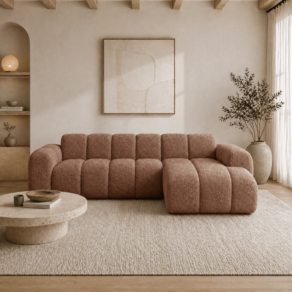 Ecksofa mit Lounge-Stoff aus weichem braunem Bouclé – Streifen – rechts – Brix