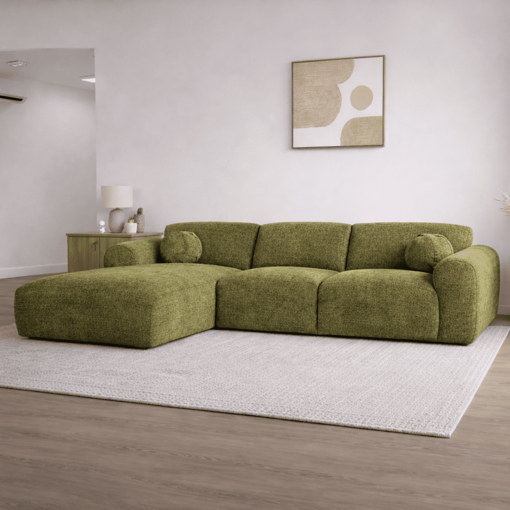 Ecksofa mit olivgrünem Chenille-Bezug, Modell Shane - links