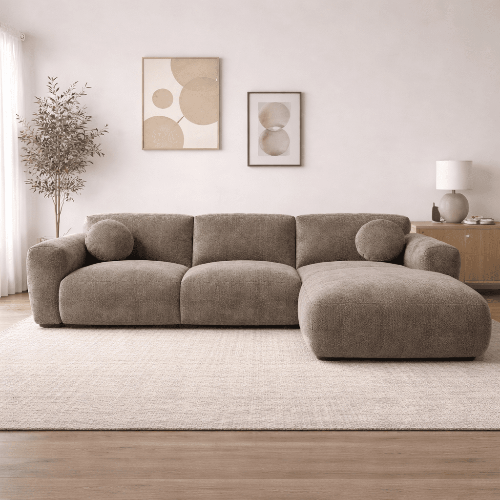Ecksofa mit taupefarbenem Chenille-Bezug, Modell Shane - rechts