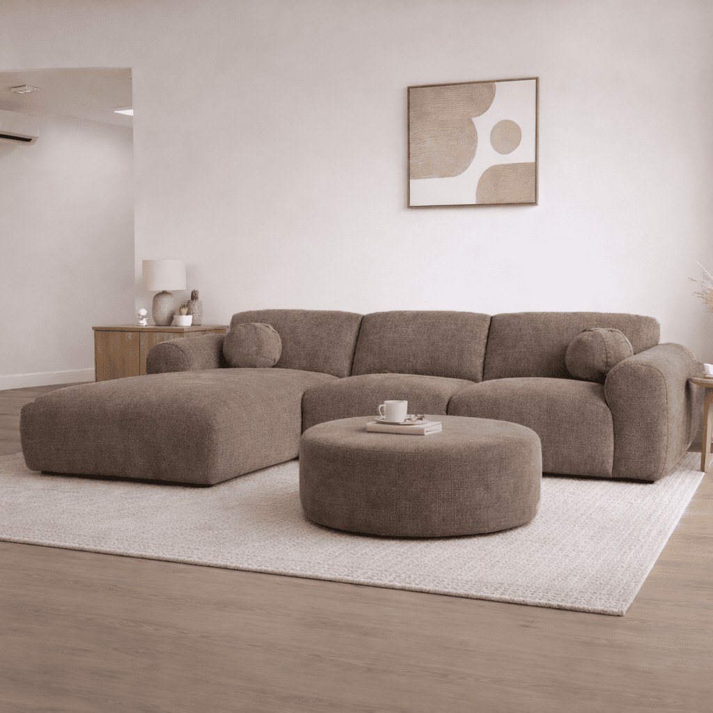 Ecksofa mit taupefarbenem Chenille-Bezug, Modell Shane - links