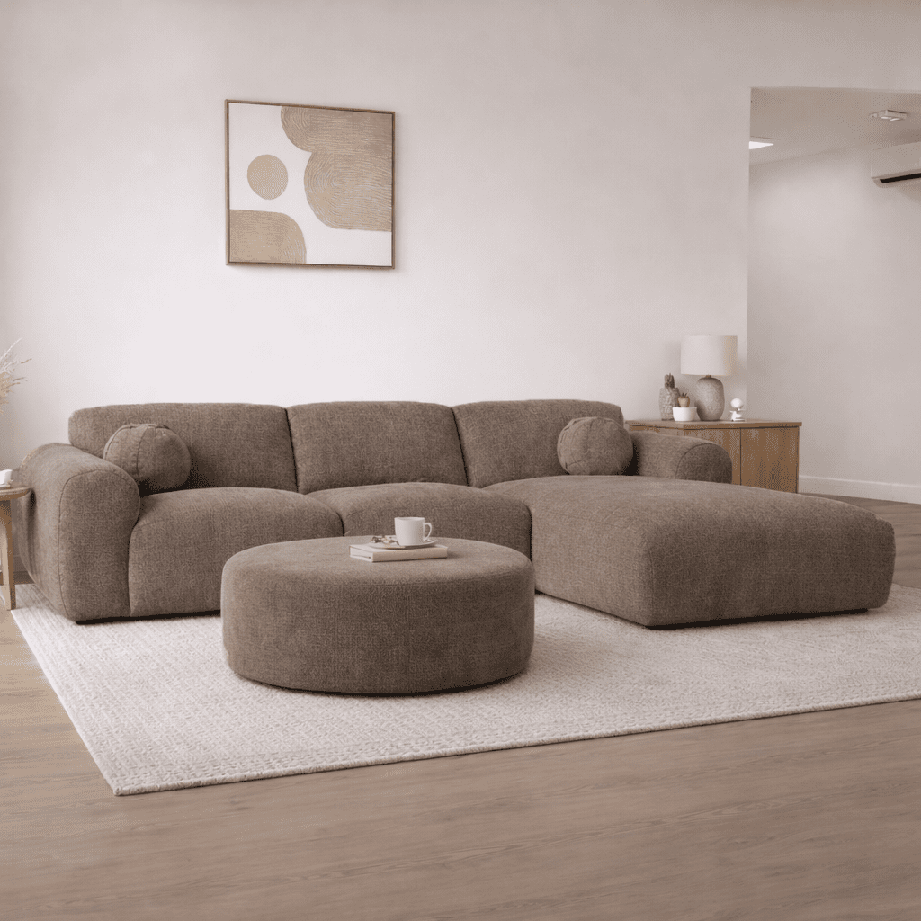 Ecksofa mit taupefarbenem Chenille-Bezug, Modell Shane - rechts