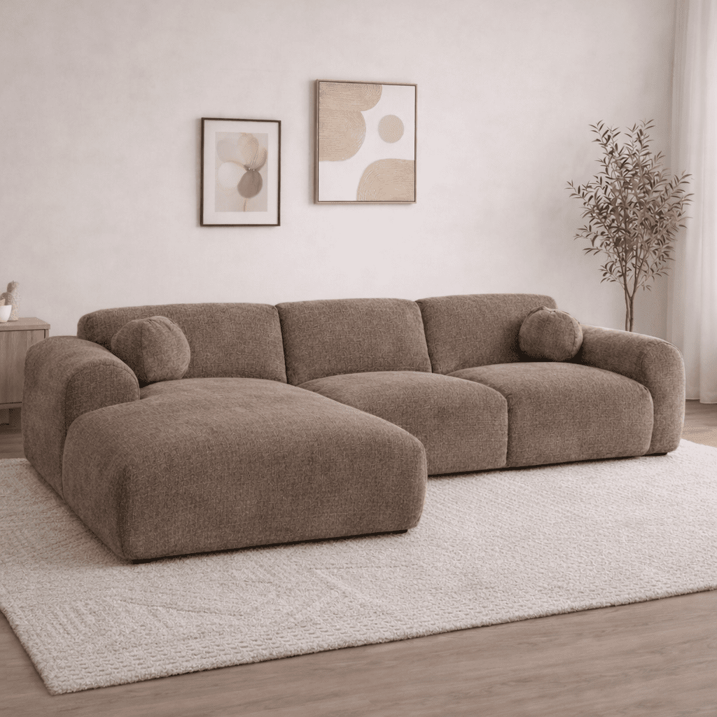 Ecksofa mit taupefarbenem Chenille-Bezug, Modell Shane - links