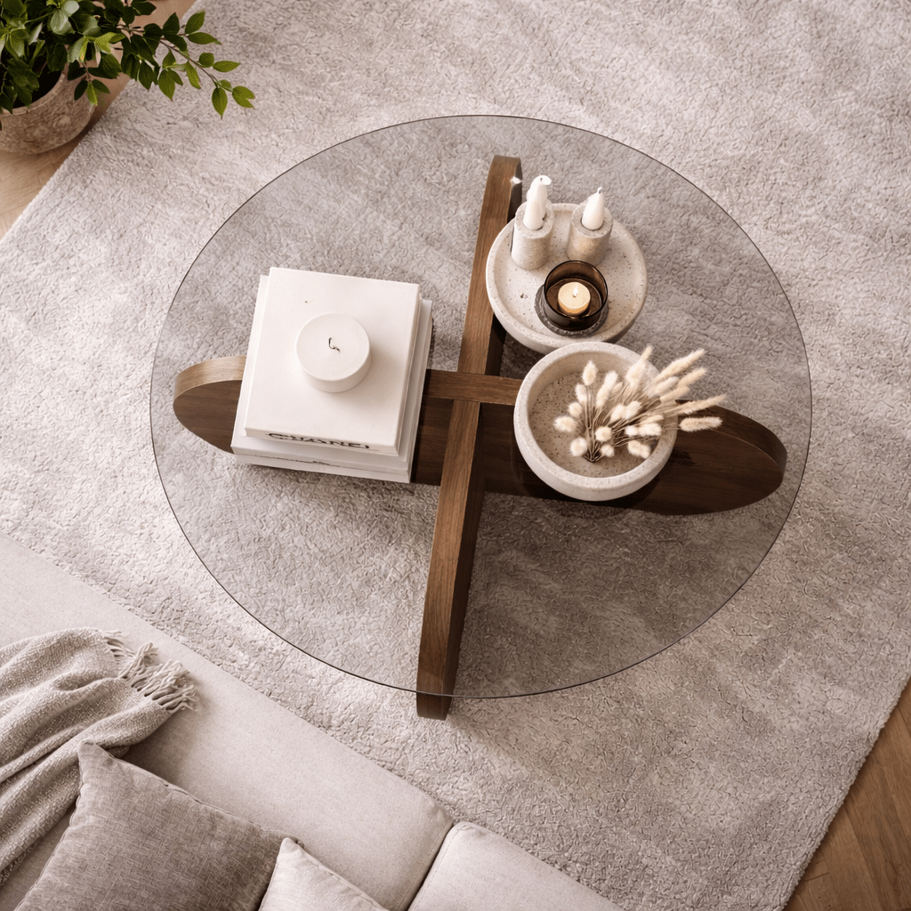 Runde Glas-Couchtisch Aris - Walnuss-Melamin-Untergestell