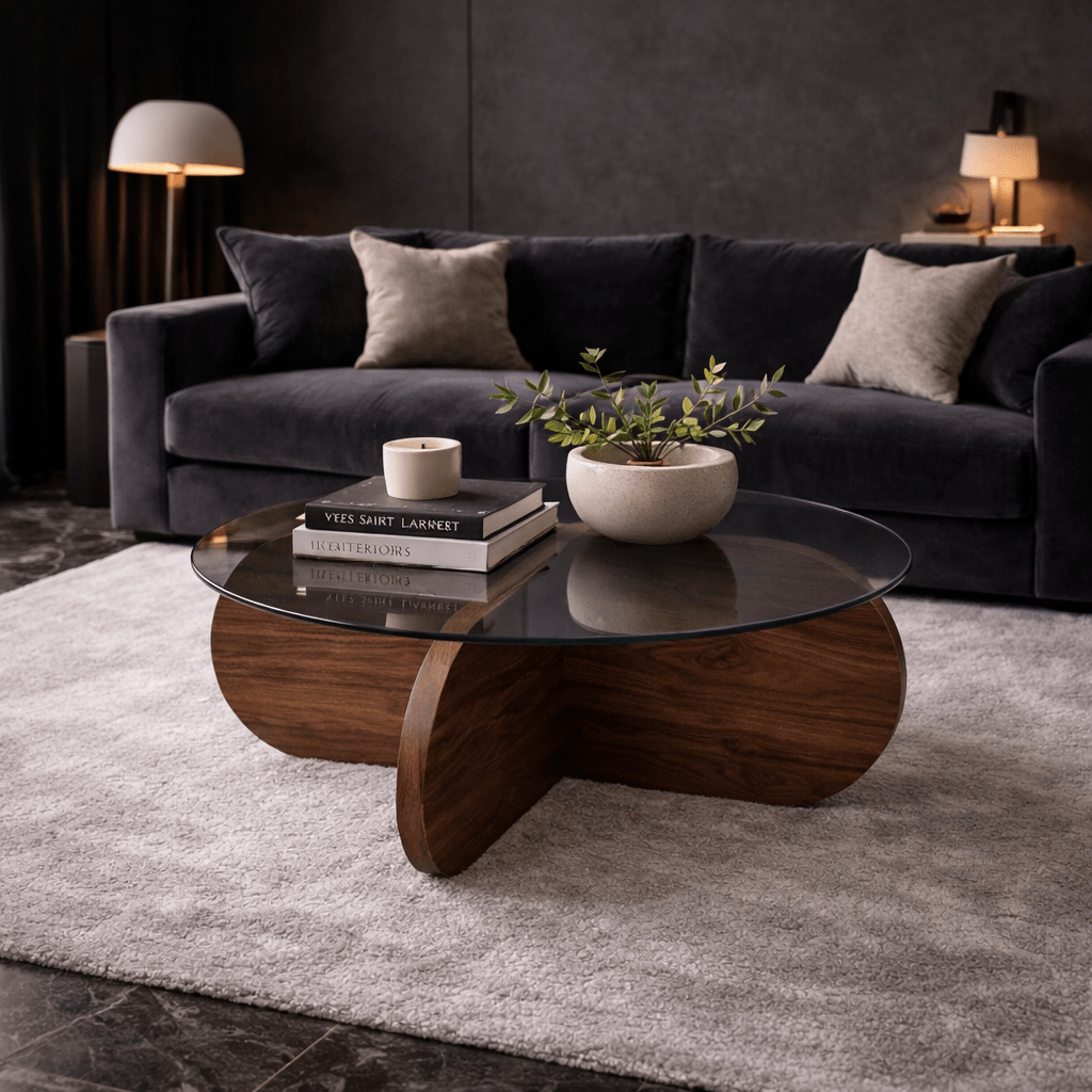 Runde Glas-Couchtisch Aris - Walnuss-Melamin-Untergestell