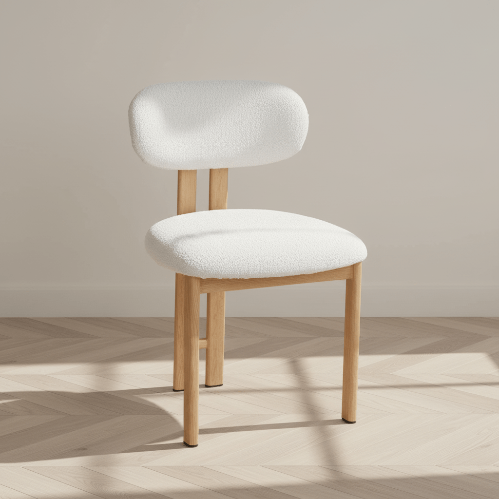 Japandi Eetkamerstoel Miyo Bouclé Beige - Eikenlook Frame