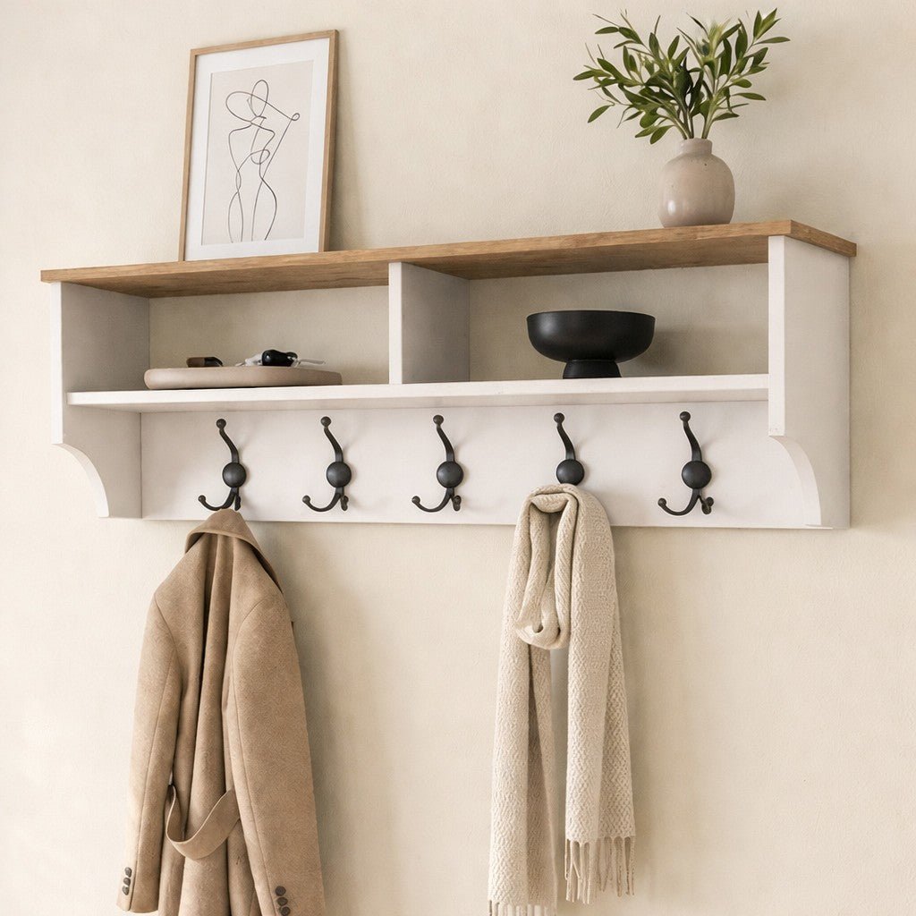 Kapstokken - Kapstok Wit met Eiken Melamine 15 - haaks en twee vakken - Hally - Dimehouse