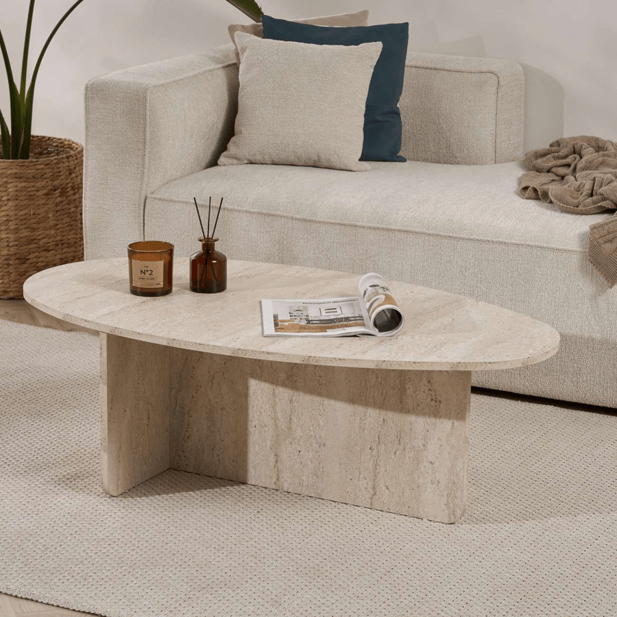 Salontafels - Kiezelvormige salontafel Travertin Japandi - 120 x 60 cm - Baro - Dimehouse