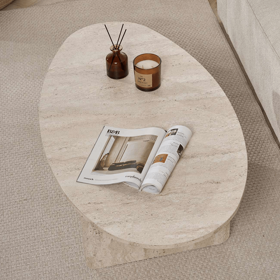 Salontafels - Kiezelvormige salontafel Travertin Japandi - 120 x 60 cm - Baro - Dimehouse