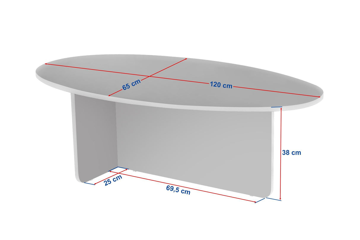 Witfoto met afmetingen kiezelvormige salontafel met een travertin-look blad en walnoot melamine onderstel. Japandi design.