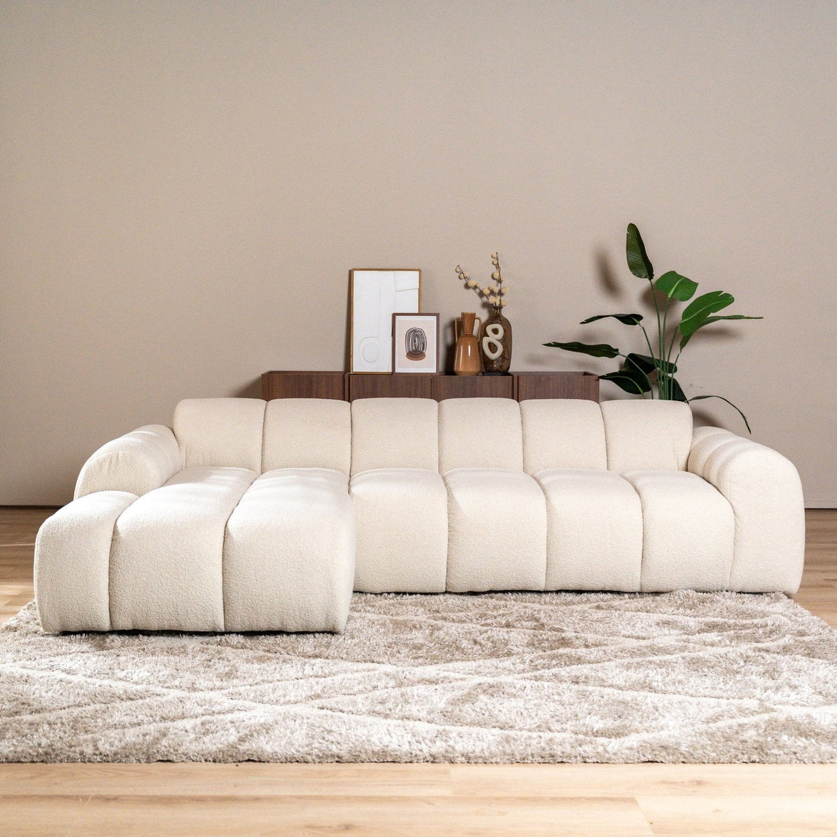 Banken-Ecksofa mit Loungebeige Bouclé Stoff - Streifen - links - Brix -Dimehouse