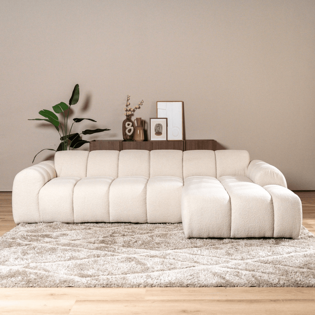 Banken-Ecksofa mit Loungebeige Bouclé Stoff - Streifen - rechts - Brix -Dimehouse
