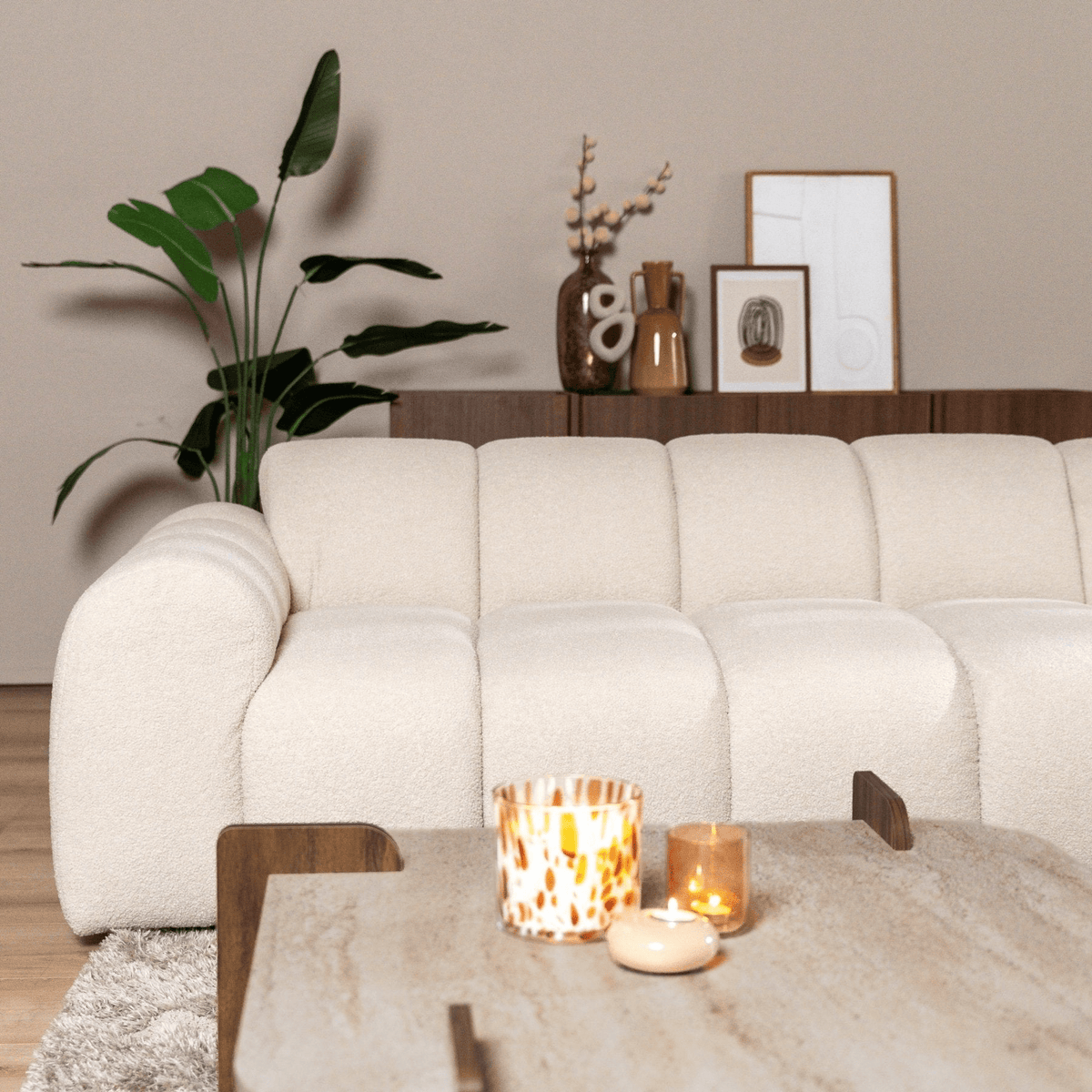 Banken-Ecksofa mit Loungebeige Bouclé Stoff - Streifen - rechts - Brix -Dimehouse
