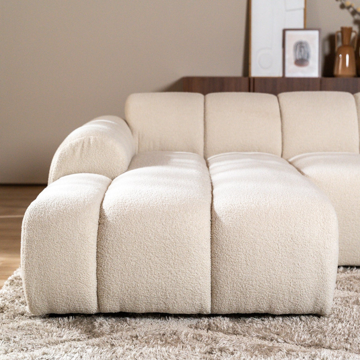 Banken-Ecksofa mit Loungebeige Bouclé Stoff - Streifen - links - Brix -Dimehouse