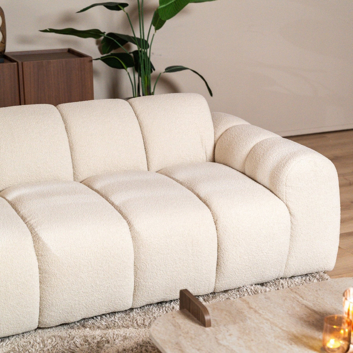 Banken-Ecksofa mit Loungebeige Bouclé Stoff - Streifen - links - Brix -Dimehouse