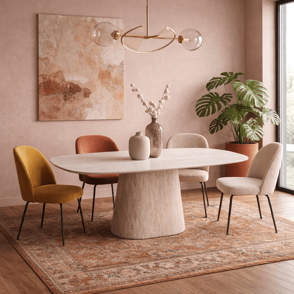 Gesinterter Stein Marmoroptik Travertin Esstisch Lea 180x90 cm - Dänisch Oval