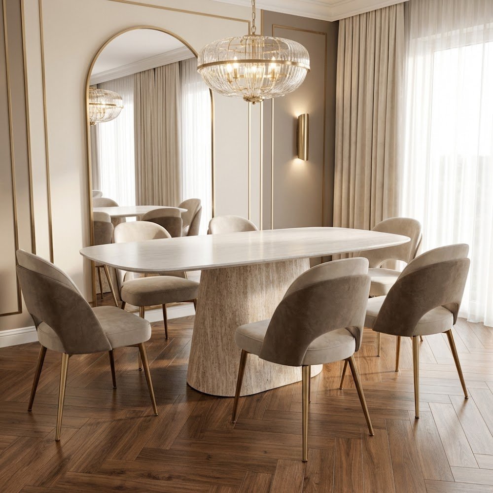 Gesinterter Stein Marmoroptik Travertin Esstisch Lea 180x90 cm - Dänisch Oval