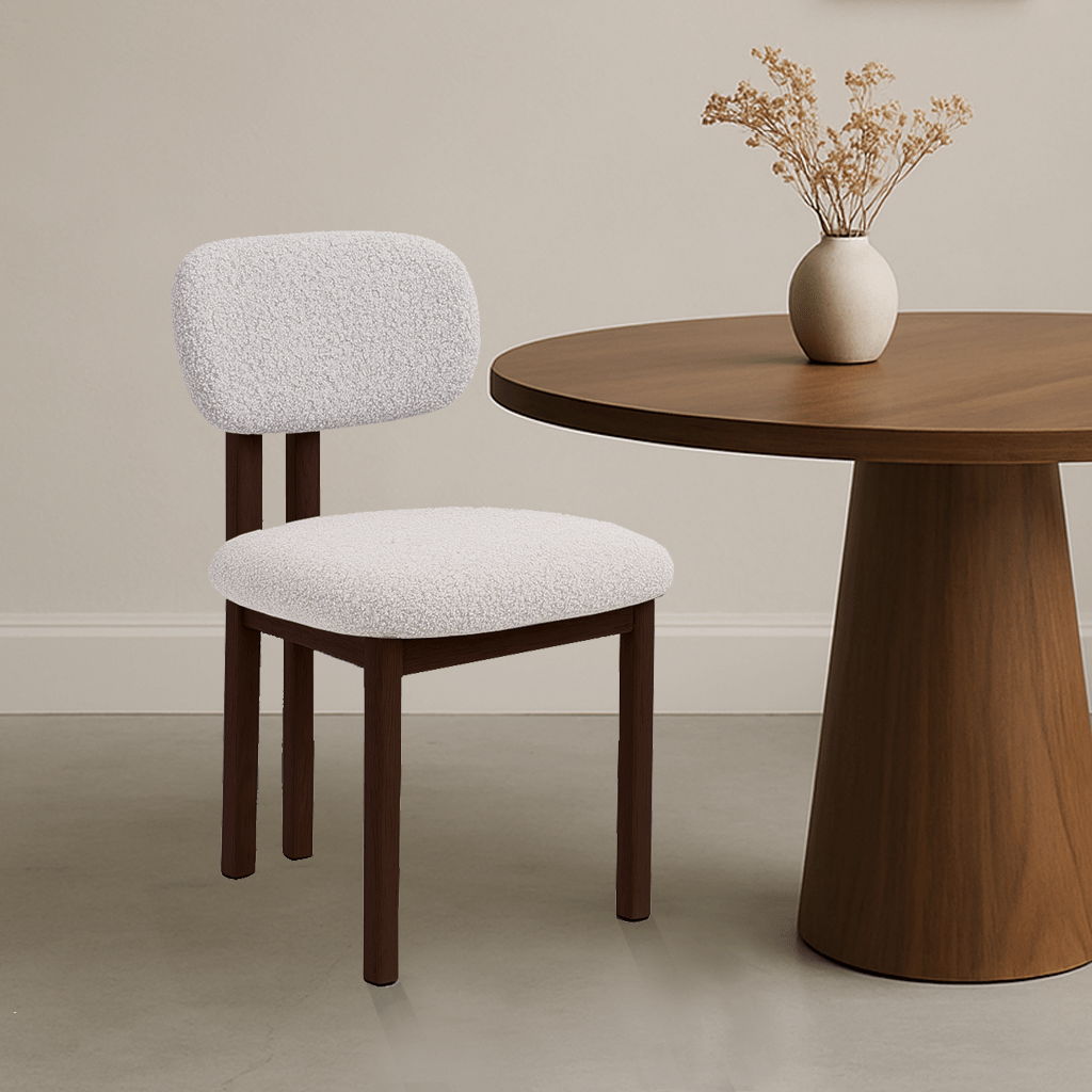 Japandi Esszimmerstuhl Miyo Bouclé Elfenbein - Walnusslook Rahmen