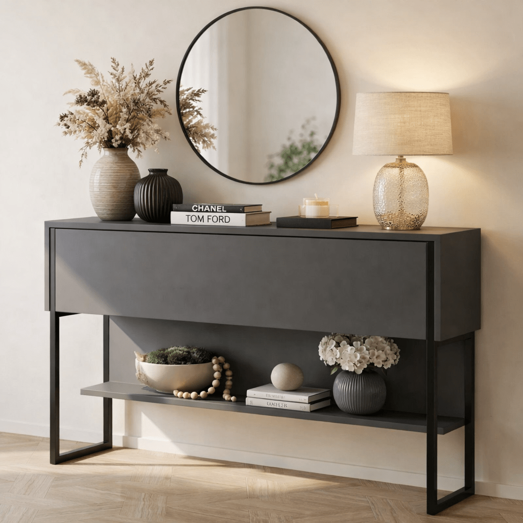 Modernes Sideboard Anthrazit Luxus 120x80x30 - Schwarzes Gestell - Ein Fach