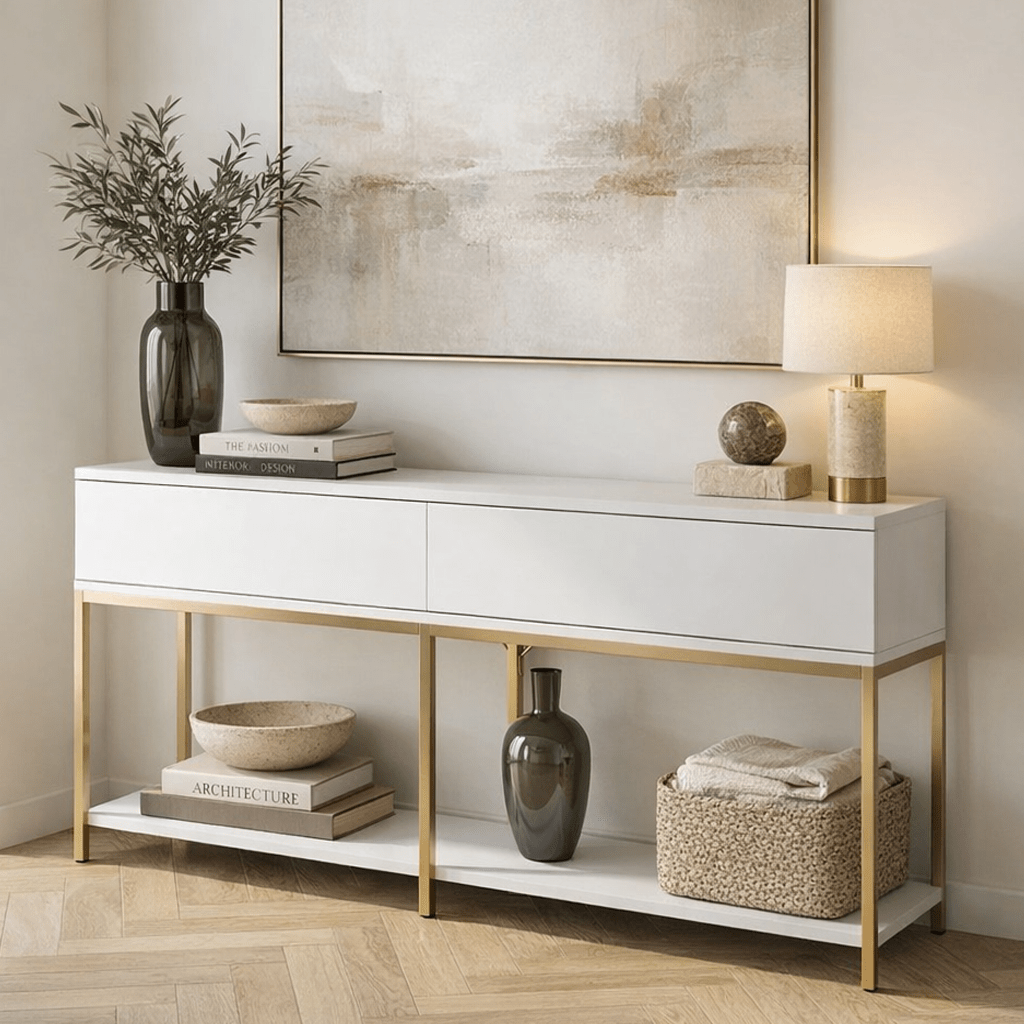 Moderne Kommode White Lord 150x30x80 - Goldener Rahmen - Zwei Fächer