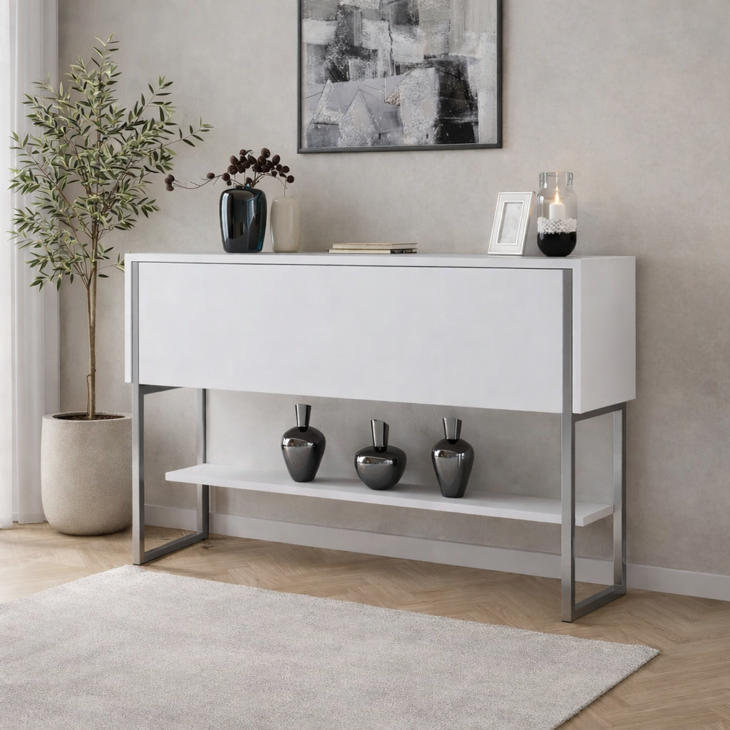 Modernes Sideboard Weiß Luxus 120x80x30 - Silberrahmen - Ein Fach