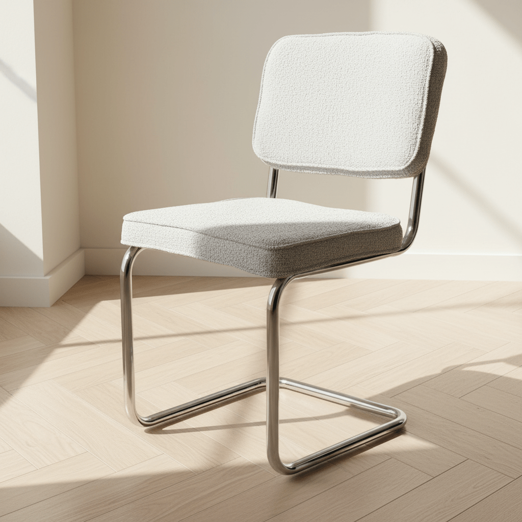 Modern Esszimmerstuhl Sway aus grauem Bouclé-Stoff – Chromrahmen – ohne Armlehnen