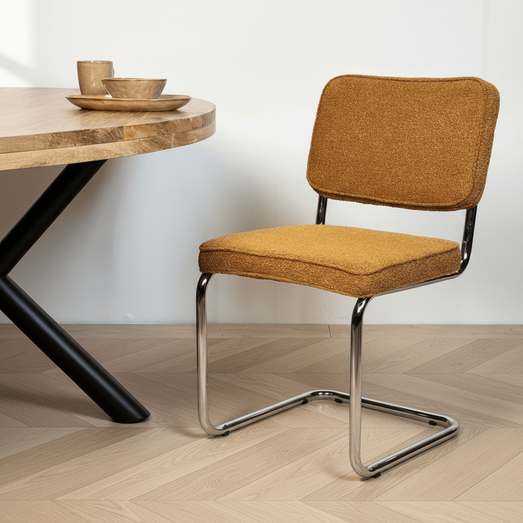 Modern Esszimmerstuhl Sway aus kupferfarbenem Bouclé-Stoff – Chromrahmen – ohne Armlehnen