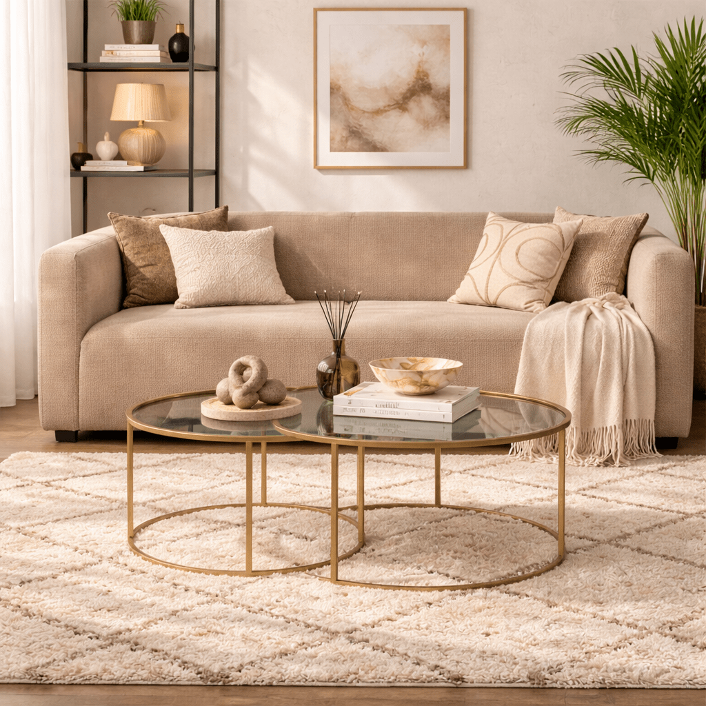 Moderne Runde Couchtisch Set von 2 Uru Gold - Bronze Glas - 80/60 cm