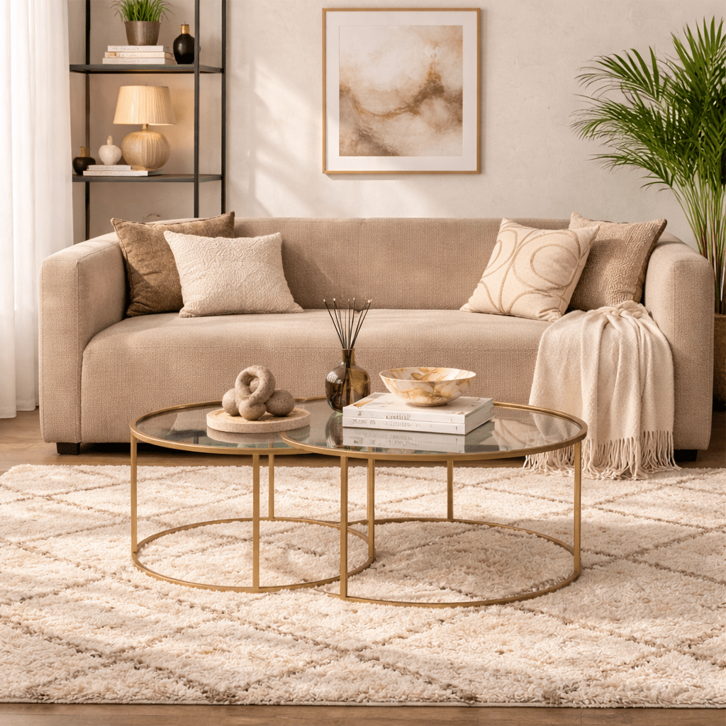 Salontafels - Moderne Ronde Salontafel Set van 2 Uru Goud - Transparant Glas - 80/60 cm - Dimehouse