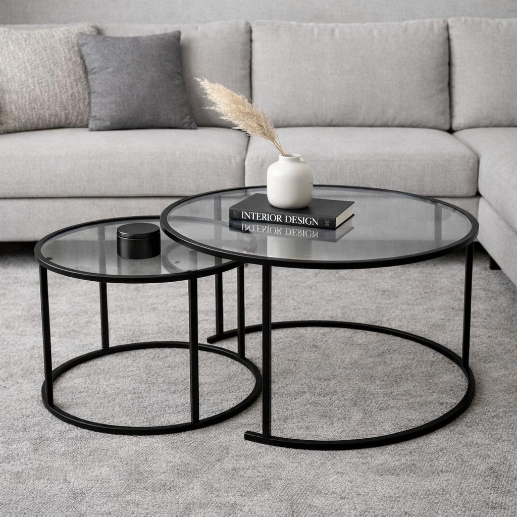 Moderne runde Couchtisch-Set aus 2 Uru Schwarz - Graues Glas - 80/60 cm