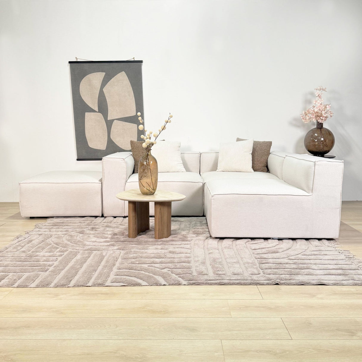 Modulares Ecksofa mit losen Hockern ecru-beige Leinenstoff Fora - links