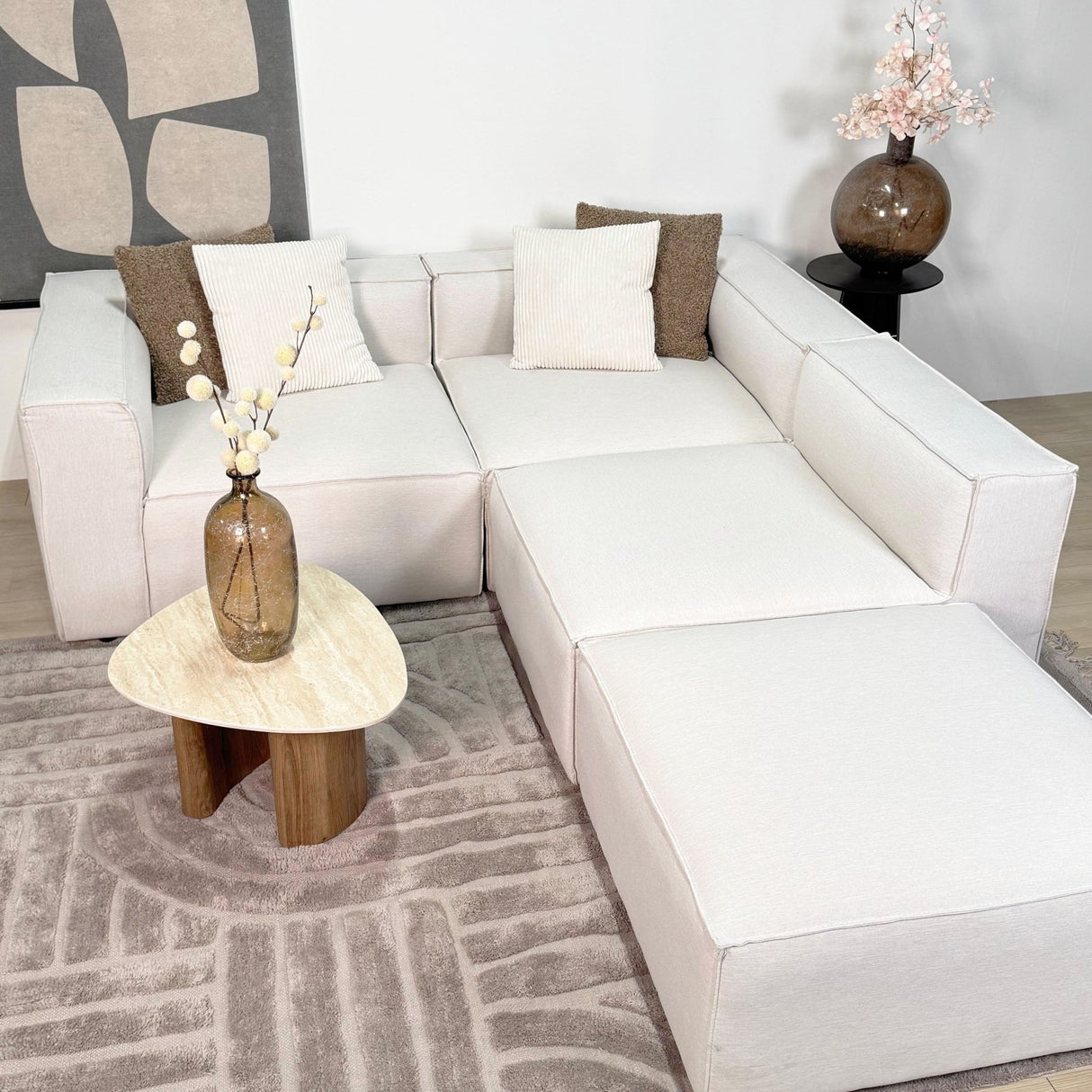 Modulares Ecksofa mit losen Hockern ecru-beige Leinenstoff Fora - links