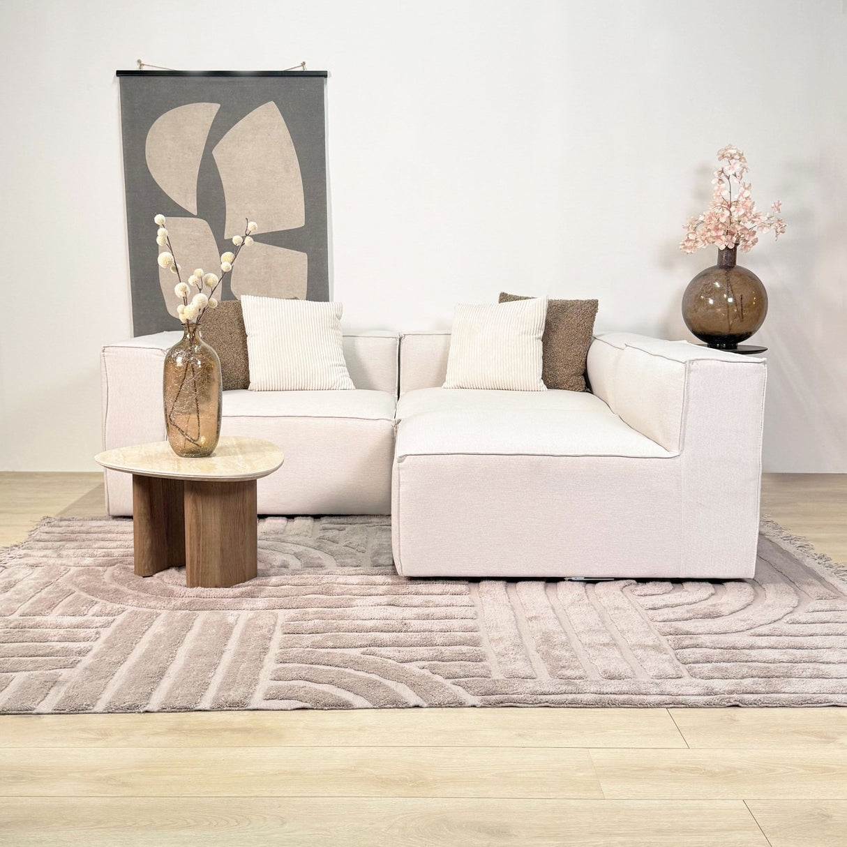 Modulares Ecksofa mit losen Hockern ecru-beige Leinenstoff Fora - links
